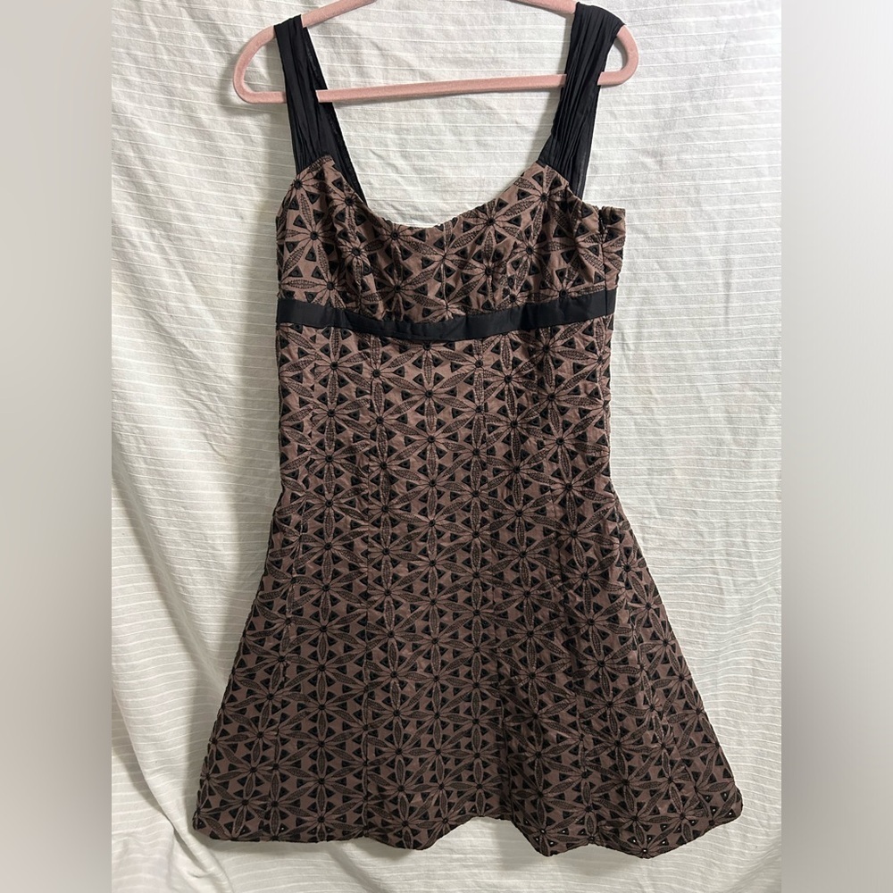 Harold's Brown Black sleeveless lined zip up Knee Length dress Cotton 12 B38